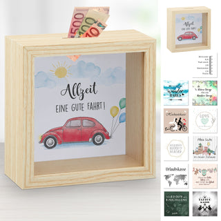 Spardose 12 Einleger-Motive 14,5x14,5x6,5cm MDF Glas naturfarben Bilderrahmen für 12 Anlässe Sparbüchse