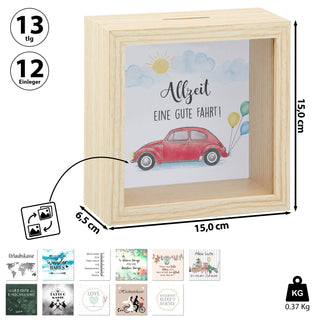 Spardose 12 Einleger-Motive 14,5x14,5x6,5cm MDF Glas naturfarben Bilderrahmen für 12 Anlässe Sparbüchse