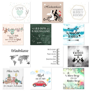 Spardose 12 Einleger-Motive 14,5x14,5x6,5cm MDF Glas naturfarben Bilderrahmen für 12 Anlässe Sparbüchse