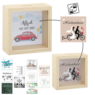 Spardose 12 Einleger-Motive 14,5x14,5x6,5cm MDF Glas naturfarben Bilderrahmen für 12 Anlässe Sparbüchse