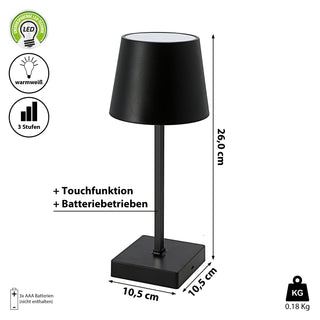 LED Tischleuchte weiß/schwarz batteriebetrieben 11x26cm Touchfunktion 3 Helligkeitsstufen Dekolampe Tischbeleuchtung