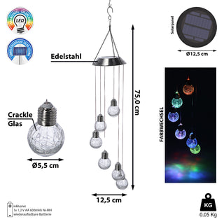 Solar Hängeleuchte ca. 75cm mit 6 Leuchtkugeln mit Farbwechsel Edelstahl Glas Hängelampe Deckenlampe akkubetrieben