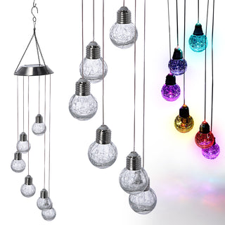 Solar Hängeleuchte ca. 75cm mit 6 Leuchtkugeln mit Farbwechsel Edelstahl Glas Hängelampe Deckenlampe akkubetrieben