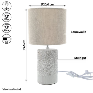 Tischleuchte "Roma" 20x40cm beige Steingut Baumwolle Tischlampe Lampe Leuchte E27 Fassung An-/Ausschalter Lampenfuß Lampenschirm