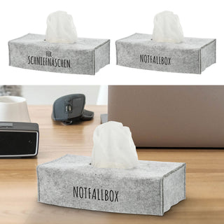 Tücherspender Abdeckung 2er Set 25x13x6cm Filz hellgrau Aufdruck "Für Schniefnäschen" "Notfallbox"