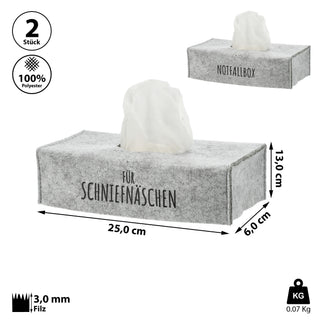 Tücherspender Abdeckung 2er Set 25x13x6cm Filz hellgrau Aufdruck "Für Schniefnäschen" "Notfallbox"