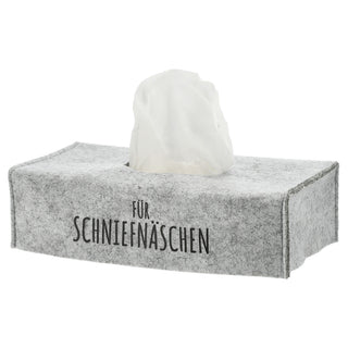 Tücherspender Abdeckung 2er Set 25x13x6cm Filz hellgrau Aufdruck "Für Schniefnäschen" "Notfallbox"