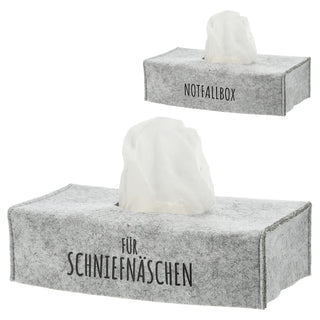 Tücherspender Abdeckung 2er Set 25x13x6cm Filz hellgrau Aufdruck "Für Schniefnäschen" "Notfallbox"