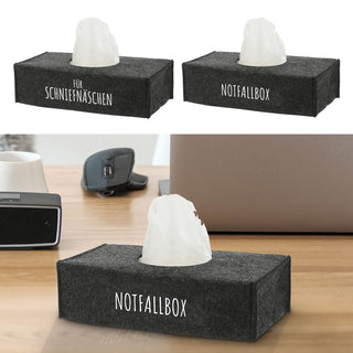 Tücherspender Abdeckung 2er Set 25x13x6cm Filz hellgrau Aufdruck "Für Schniefnäschen" "Notfallbox"
