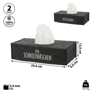 Tücherspender Abdeckung 2er Set 25x13x6cm Filz hellgrau Aufdruck "Für Schniefnäschen" "Notfallbox"