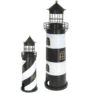 Windlicht Leuchtturm 2er Set schwarz weiß 2 Größen Metall Gartendeko Leuchtfeuer Turm