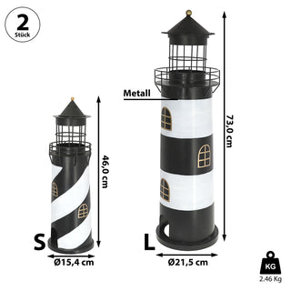 Windlicht Leuchtturm 2er Set schwarz weiß 2 Größen Metall Gartendeko Leuchtfeuer Turm