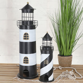 Windlicht Leuchtturm 2er Set schwarz weiß 2 Größen Metall Gartendeko Leuchtfeuer Turm