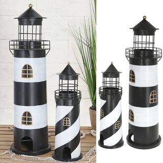Windlicht Leuchtturm 2er Set schwarz weiß 2 Größen Metall Gartendeko Leuchtfeuer Turm