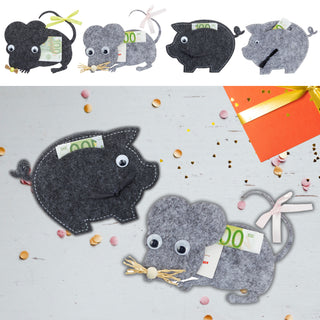 Geldgeschenke 4er Set 2x Maus + 2x Schwein 13x10cm hellgrau dunkelgrau Verpackung Gastgeschenk Geschenk