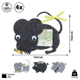 Geldgeschenke 4er Set 2x Maus + 2x Schwein 13x10cm hellgrau dunkelgrau Verpackung Gastgeschenk Geschenk
