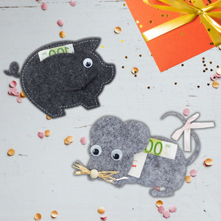Geldgeschenke 4er Set 2x Maus + 2x Schwein 13x10cm hellgrau dunkelgrau Verpackung Gastgeschenk Geschenk