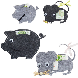 Geldgeschenke 4er Set 2x Maus + 2x Schwein 13x10cm hellgrau dunkelgrau Verpackung Gastgeschenk Geschenk