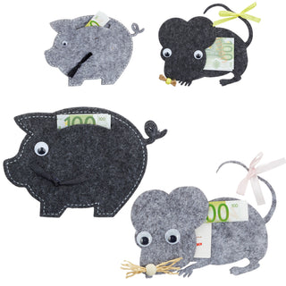 Geldgeschenke 4er Set 2x Maus + 2x Schwein 13x10cm hellgrau dunkelgrau Verpackung Gastgeschenk Geschenk