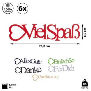 Geschenkanhänger 6er Set Schriftzüge Filz 25x6cm 6 Farben Anhänger Geschenke Filzanhänger