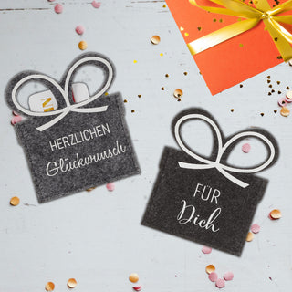 Geldgeschenke 4er Set Filz dunkelgrau Gutscheinkarten Verpackung Gastgeschenk Geschenk Schleife