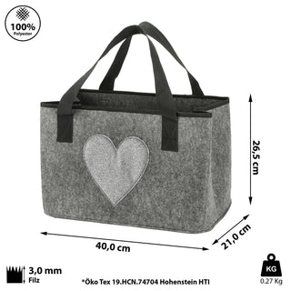 Filztasche Herz Zeitungsständer 40x26,5x21cm hell-/dunkelgrau Shopper Henkeltasche Tasche Aufbewahrung