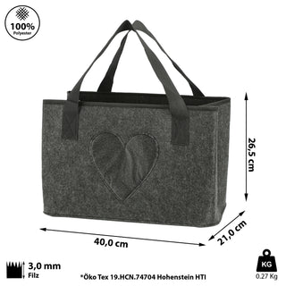 Filztasche Herz Zeitungsständer 40x26,5x21cm hell-/dunkelgrau Shopper Henkeltasche Tasche Aufbewahrung