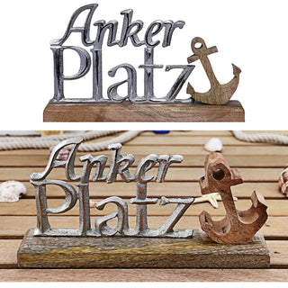 Schriftzug 'Ankerplatz' Anker silber 25x15x5cm Mangoholz Aluminium Dekoaufsteller Tischdeko Aufsteller maritim