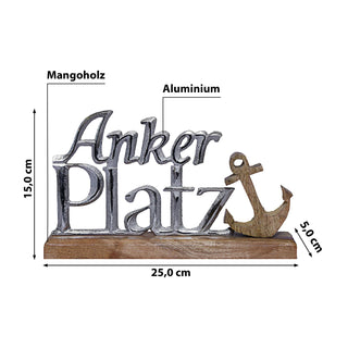 Schriftzug 'Ankerplatz' Anker silber 25x15x5cm Mangoholz Aluminium Dekoaufsteller Tischdeko Aufsteller maritim