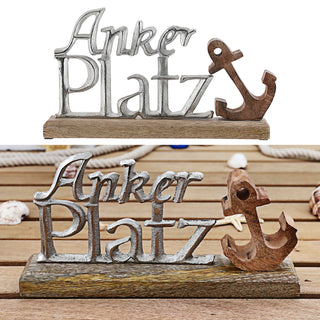 Schriftzug 'Ankerplatz' Anker silber 25x15x5cm Mangoholz Aluminium Dekoaufsteller Tischdeko Aufsteller maritim