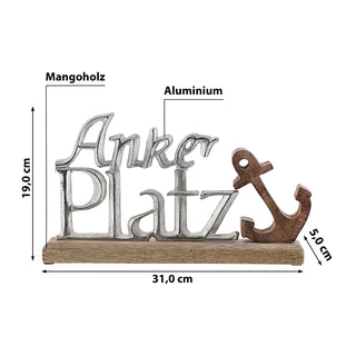 Schriftzug 'Ankerplatz' Anker silber 25x15x5cm Mangoholz Aluminium Dekoaufsteller Tischdeko Aufsteller maritim