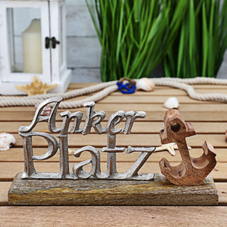 Schriftzug 'Ankerplatz' Anker silber 25x15x5cm Mangoholz Aluminium Dekoaufsteller Tischdeko Aufsteller maritim