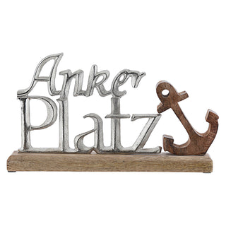 Schriftzug 'Ankerplatz' Anker silber 25x15x5cm Mangoholz Aluminium Dekoaufsteller Tischdeko Aufsteller maritim