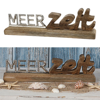 Schriftzug 'Meerzeit' silber 30x8x5cm Mangoholz Aluminium Dekoaufsteller Tischdeko Aufsteller maritim
