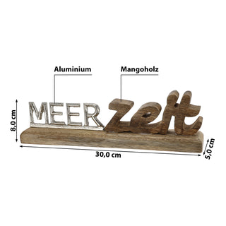 Schriftzug 'Meerzeit' silber 30x8x5cm Mangoholz Aluminium Dekoaufsteller Tischdeko Aufsteller maritim