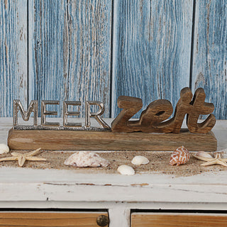 Schriftzug 'Meerzeit' silber 30x8x5cm Mangoholz Aluminium Dekoaufsteller Tischdeko Aufsteller maritim