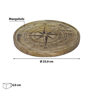 Dekoteller Windrose naturfarben Ø 25cm x 4cm Mangoholz Kompassrose Holzuntersetzer Kompass