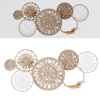 Wanddeko Metall Wandbild Wandskupltur 89x41,5x7cm Eisen Raffia Baumwolle Kreismotive naturfarben