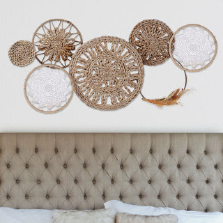 Wanddeko Metall Wandbild Wandskupltur 89x41,5x7cm Eisen Raffia Baumwolle Kreismotive naturfarben