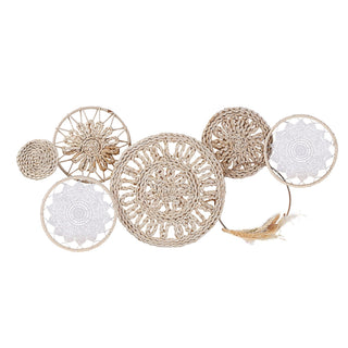 Wanddeko Metall Wandbild Wandskupltur 89x41,5x7cm Eisen Raffia Baumwolle Kreismotive naturfarben