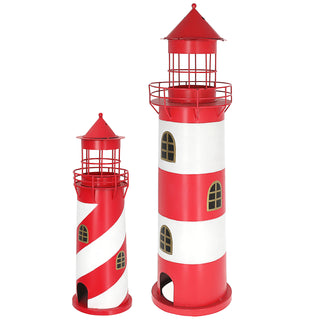Windlicht Leuchtturm 2er Set rot weiß 2 Größen Metall Gartendeko Leuchtfeuer Turm