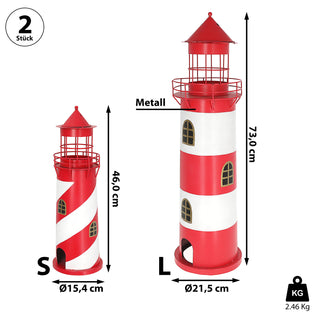 Windlicht Leuchtturm 2er Set rot weiß 2 Größen Metall Gartendeko Leuchtfeuer Turm