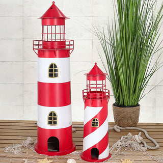 Windlicht Leuchtturm 2er Set rot weiß 2 Größen Metall Gartendeko Leuchtfeuer Turm