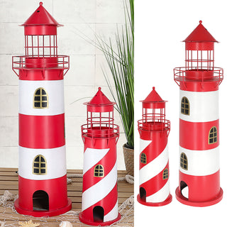 Windlicht Leuchtturm 2er Set rot weiß 2 Größen Metall Gartendeko Leuchtfeuer Turm