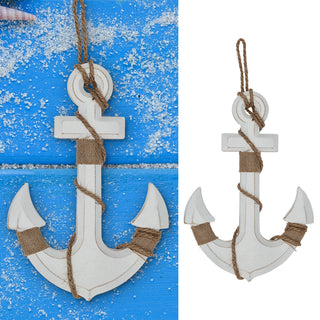 Deko Anker zum Aufhängen mit Tau 32x32x1cm MDF weiß Antikfinish maritim Schiffsanker Schiffszubehör