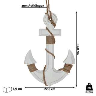 Deko Anker zum Aufhängen mit Tau 32x32x1cm MDF weiß Antikfinish maritim Schiffsanker Schiffszubehör
