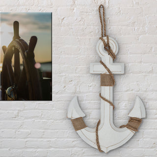 Deko Anker zum Aufhängen mit Tau 32x32x1cm MDF weiß Antikfinish maritim Schiffsanker Schiffszubehör