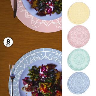 Platzmatten "Mandala" 8er Set Ø38cm rund 4 Pastellfarben Tischset Platzset Tischauflage Tellerunterlage