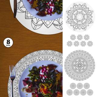 Platzmatten "Mandala" 8er Set Ø38cm rund schwarz weiß Tischset Platzset Tischauflage Tellerunterlage