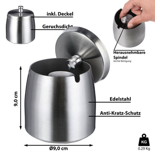 Sturmaschenbecher mit Deckel Edelstahl 9x9x9cm silber Antikratz-Schutz geruchsdicht Windaschenbecher